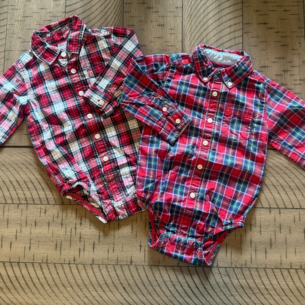 Plaid Long-Sleeve Bodysuits - coordinated boy twins